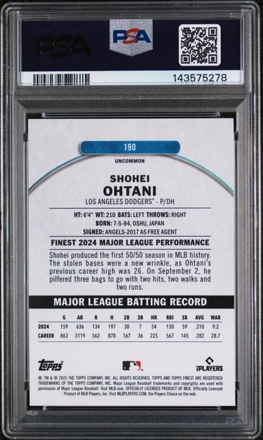 Back of graded PSA 10 Shohei Ohtani baseball card showing statistics, career highlights, and authentication details in protective case.