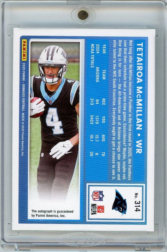 Back of 2025 Panini Donruss football card showing player statistics, career information, and authentication guarantee on blue background.