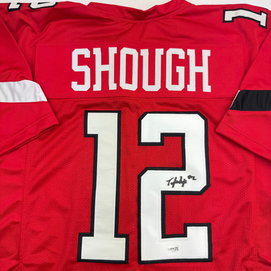 Red Texas Tech college football jersey displaying "SHOUGH" and number "12" with an autographed signature visible on the number.