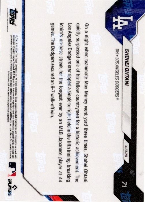 Reverse side of gold foil baseball card showing text describing Shohei Ohtani's longest on-base streak record by Japanese player.