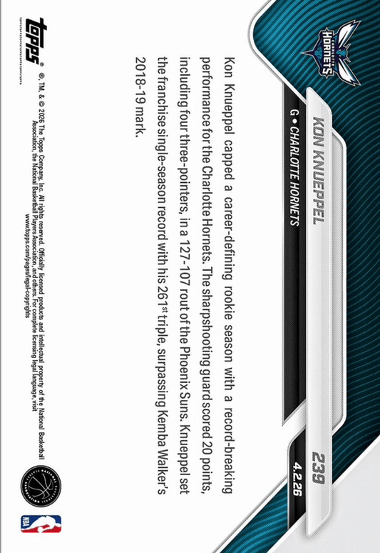 Back of basketball card showing card number 239 and 4226 with Hornets logo, black and white design on teal striped background.
