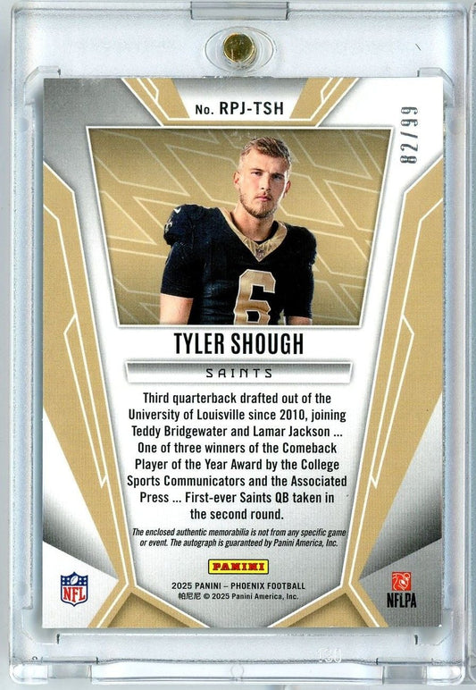 Front of graded trading card showing Tyler Shough in Saints uniform with gold and white design border, card number and print run visible.