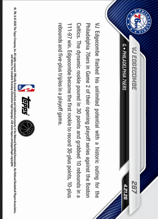 Reverse side of 2025 Topps Now VJ Edgecombe basketball card showing blue striped design, Philadelphia 76ers logo, card number 267, and statistical achievement text on white background.