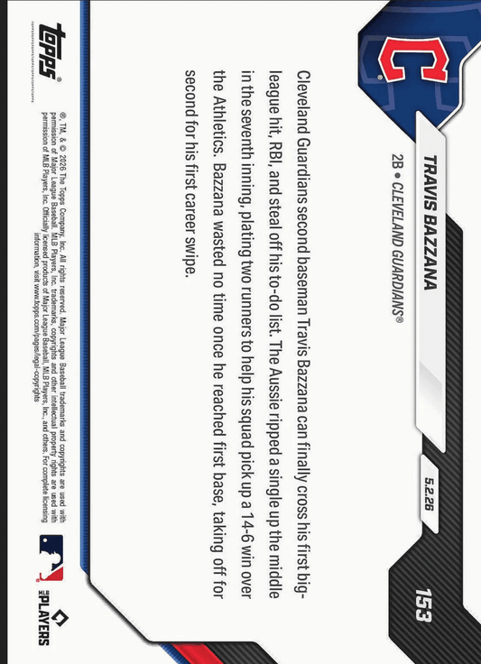 Back of baseball card showing player statistics, career accomplishments, and licensing information on white background with blue and black design elements.