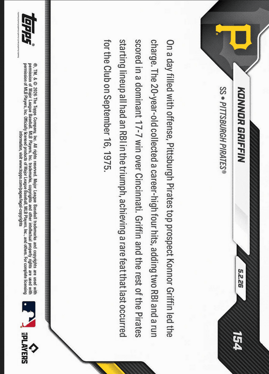 Reverse side of baseball card displaying career milestone information and game details in black text on white background with gold foil accents.