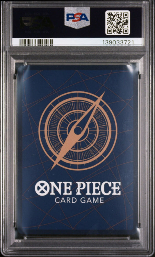 PSA-graded One Piece trading card in clear plastic case, displaying blue card back with copper compass design and white text.
