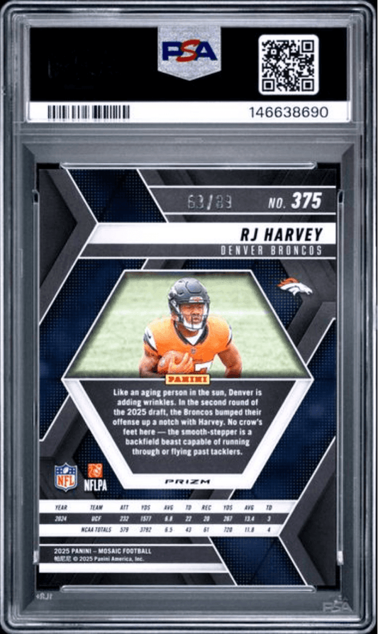 PSA-graded 2025 Panini Mosaic RJ Harvey rookie card in plastic holder displaying front with player photo, statistics, and team logo.
