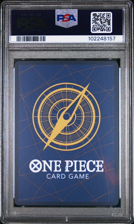 PSA-graded One Piece trading card in clear plastic slab showing blue card back with gold compass design and white text.