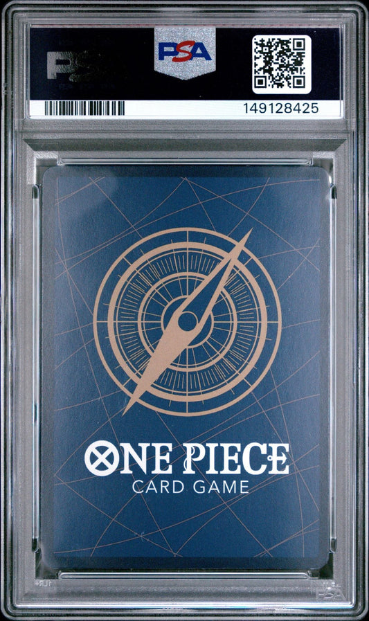 PSA-graded One Piece trading card in clear case displaying blue card back with compass design and white text.