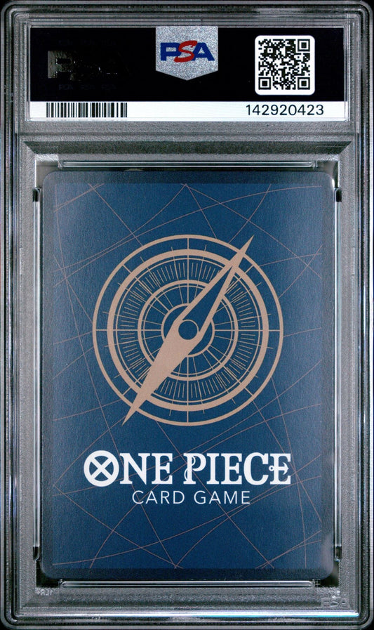 PSA-graded One Piece trading card in protective case showing blue back design with compass rose and game title text.