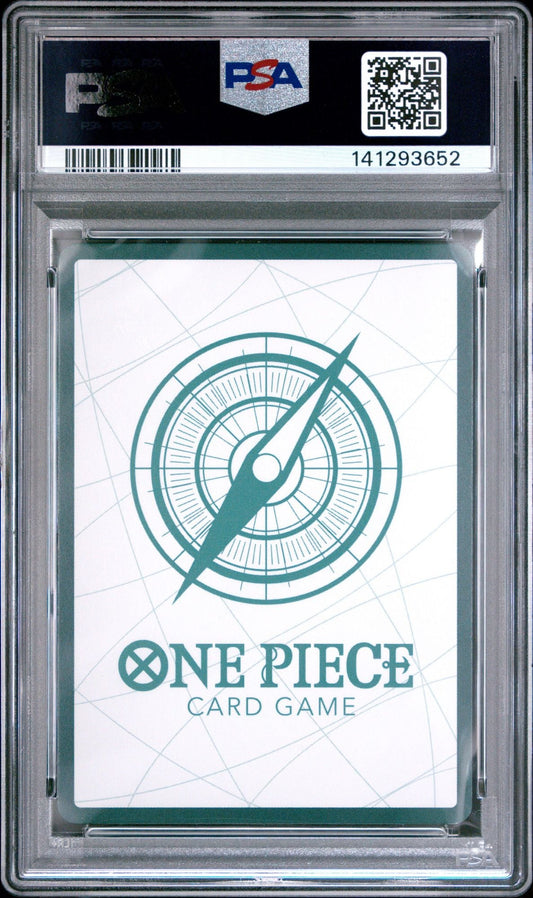 PSA-graded One Piece Card Game back side showing teal compass logo and text on white background in clear case.