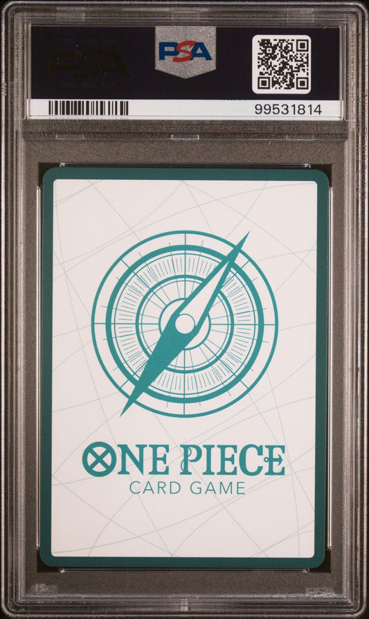PSA-graded One Piece Card Game back side in clear slab showing compass logo and teal border on cream background.