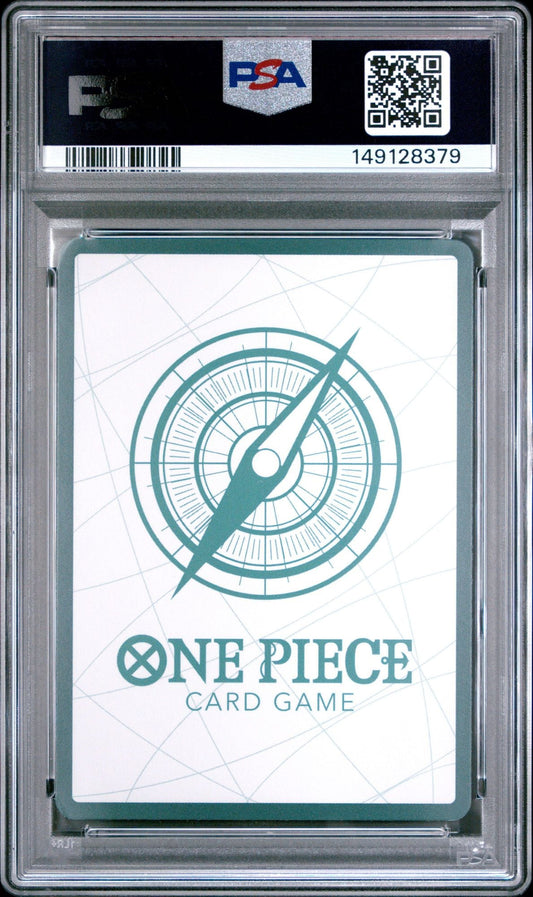 PSA-graded One Piece trading card in clear plastic case showing white back with teal compass logo and card game text.