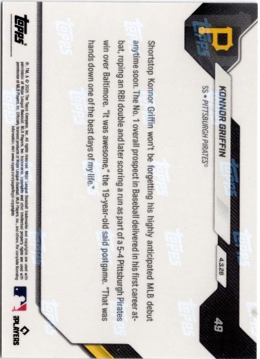 Reverse side of baseball card showing white background with printed text describing player achievements and card details, Pittsburgh Pirates logo visible.