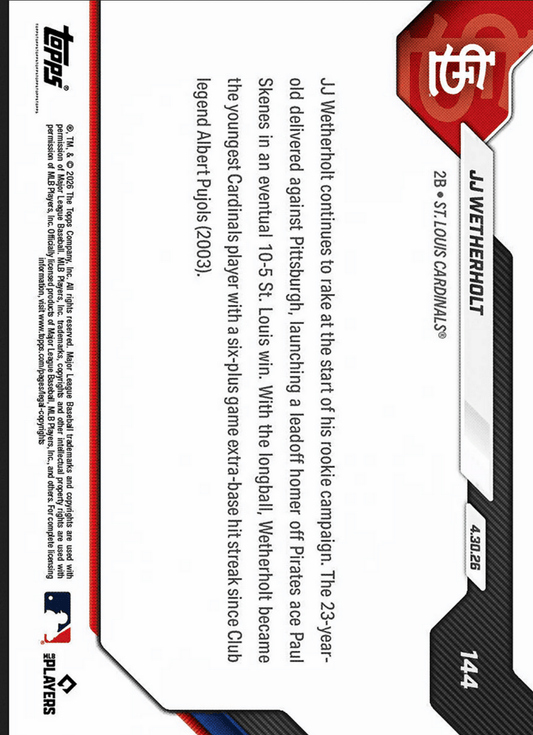 Back of baseball card showing player biography text, card number 144, and black foil parallel designation on white background with red header.