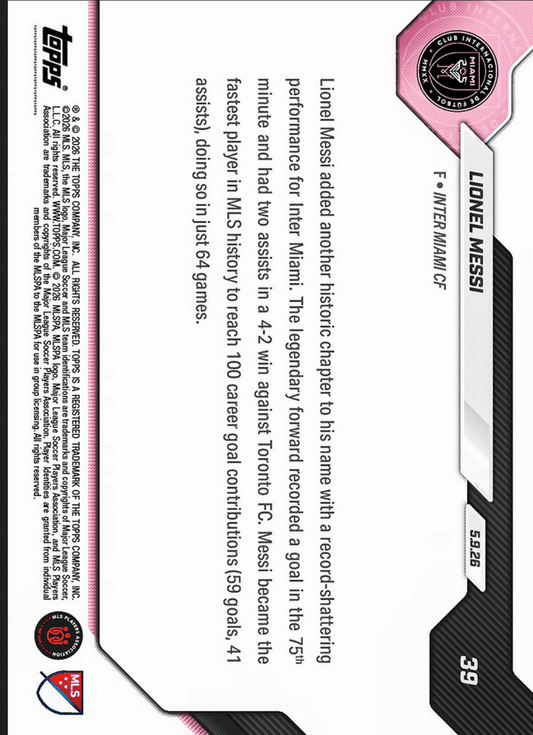 Reverse side of soccer trading card showing player statistics, career information, and small MLS logo against pink and black design.