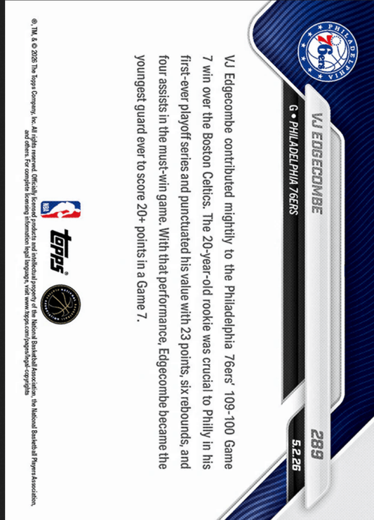 Reverse side of basketball card showing gold foil /50 parallel with blue Philadelphia 76ers design and card number 289.