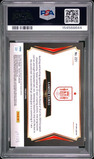 Reverse side of graded soccer card showing white background with red design elements and PSA authentication label in top left corner.