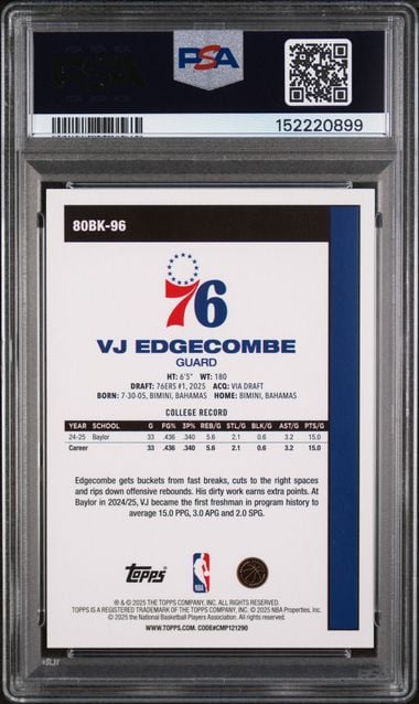 Back of graded 2025 Topps VJ Edgecombe basketball card showing statistics, blue and red Philadelphia 76ers logo, and PSA holder label.