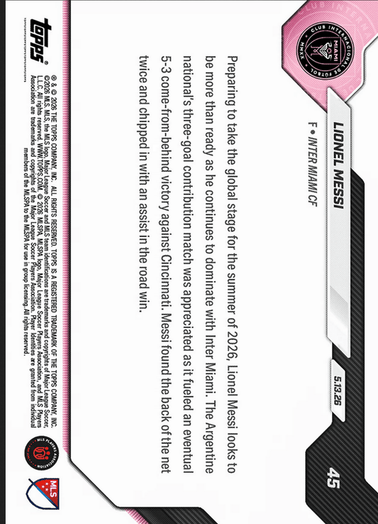 Reverse side of Lionel Messi trading card displaying pink and black design with player stats, card number 5/43/26, and certification details.