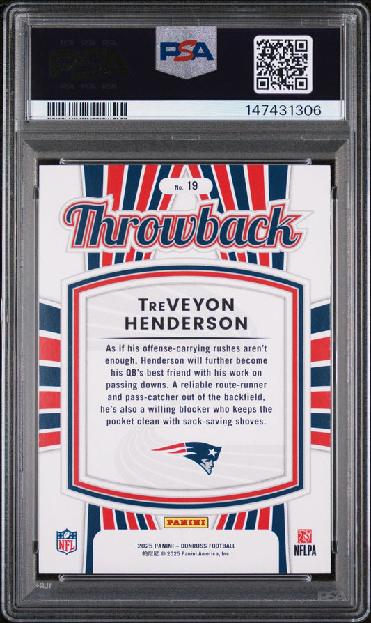Back of PSA-graded 2025 Panini Donruss TreVeyon Henderson rookie card showing player biography text and New England Patriots logo in protective slab.