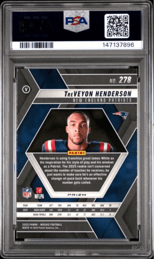 PSA-graded 2025 Panini Mosaic TreVeyon Henderson rookie card in protective slab, showing front design with player photo and blue geometric framing.