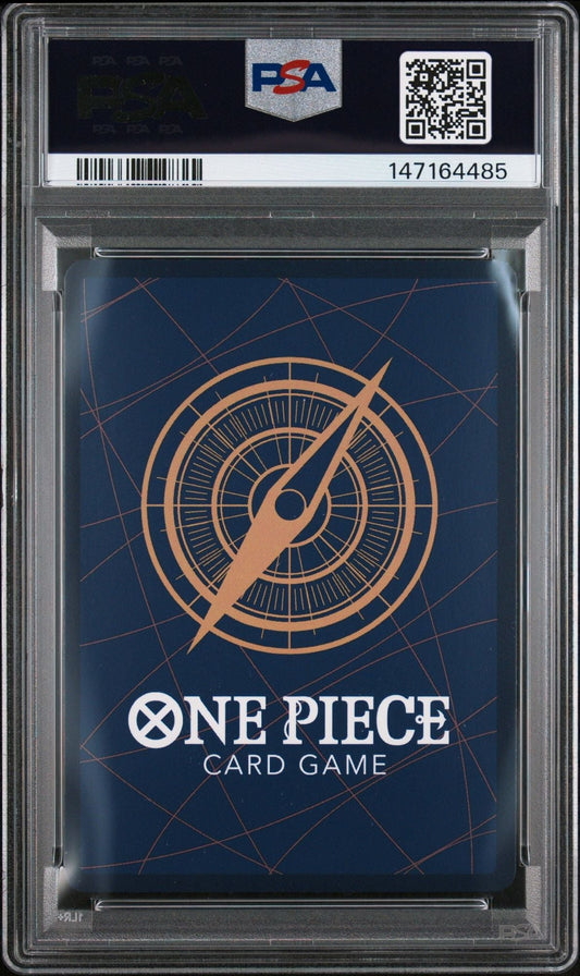 PSA-graded One Piece trading card in clear plastic case showing navy blue card back with gold compass design and white text.