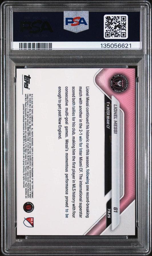 Back of PSA-graded Topps soccer card showing card text and details with pink design elements, enclosed in clear protective slab.