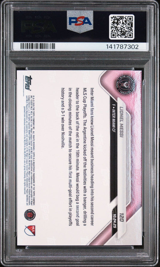 Reverse side of graded 2025 Topps Now MLS Lionel Messi card showing text biography and pink design with PSA 10 certification sleeve.