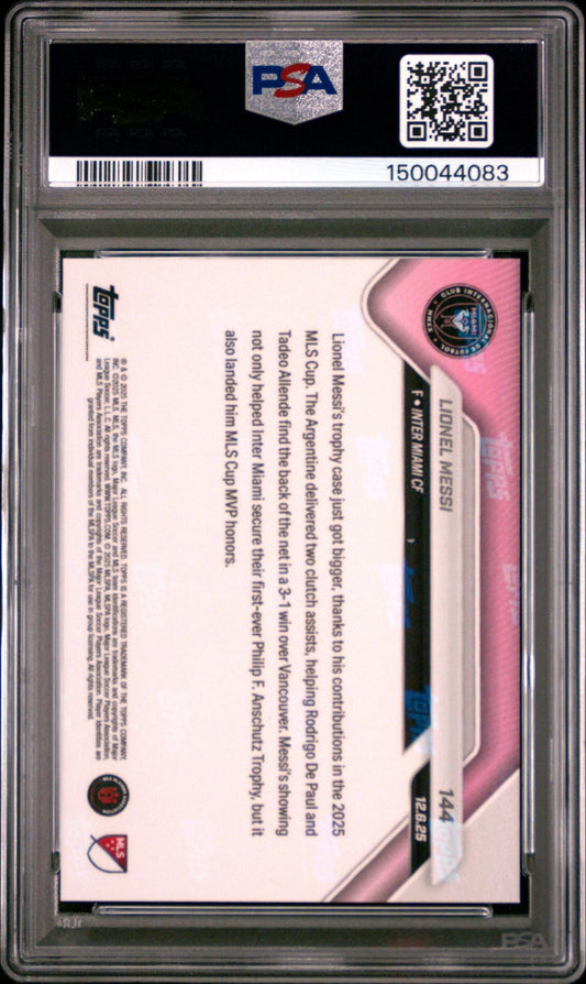 Back of graded PSA 10 soccer card showing pink background with player biography text and Topps branding in protective slab.