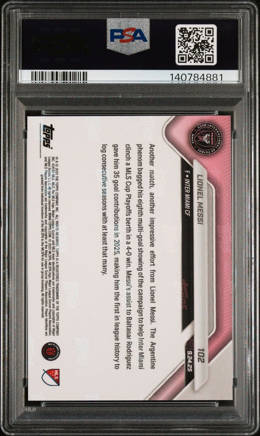 Back of graded sports card in PSA case showing text biography and pink design elements with player information and league logos.