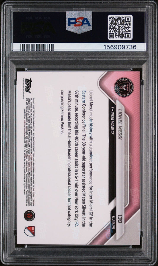 Reverse side of graded card showing white background, pink design elements, player biography text, and PSA certification label with barcode.