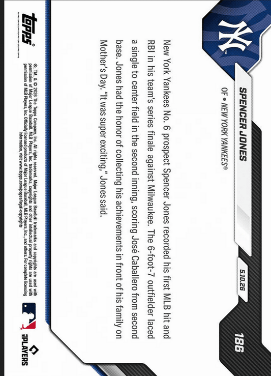 Reverse side of 2026 Topps Now Spencer Jones baseball card showing text details and MLB Players Association logo on white and dark background.