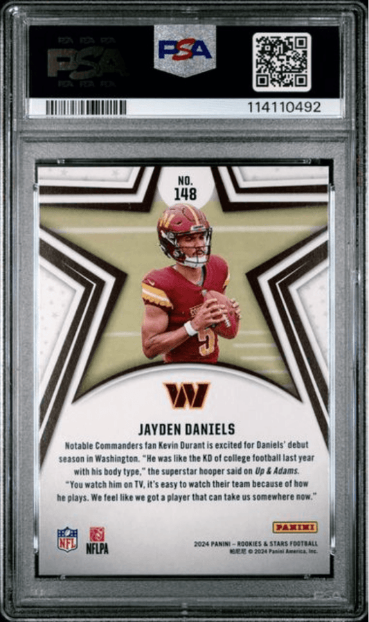 PSA-graded trading card in clear plastic case displaying Jayden Daniels in burgundy Washington uniform holding football, card number 148 visible at top.
