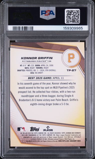 Back of graded Konnor Griffin baseball card in PSA case showing player stats, biographical text, and "Best 2025 Game" description on cream-colored background.