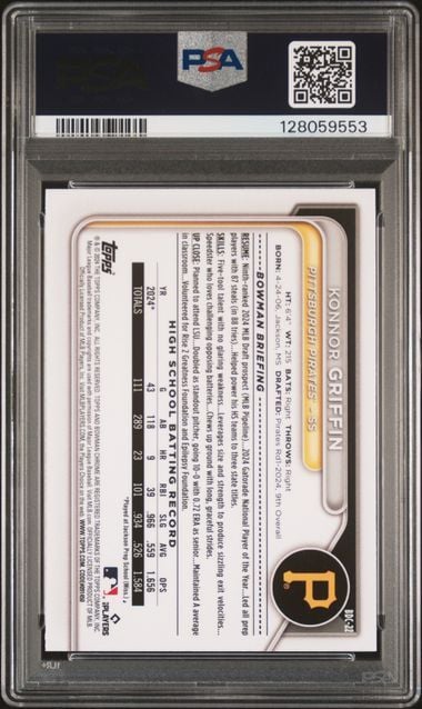 Reverse side of graded baseball card showing white background with black text, gold accents, and Pittsburgh Pirates logo in PSA holder.