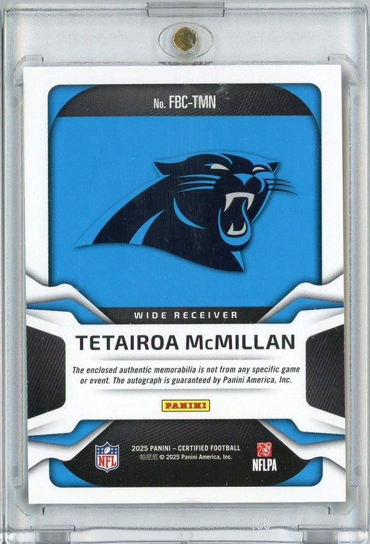 Front of graded football card showing Carolina Panthers logo, player name Tetairoa McMillan, position, and Panini branding on blue background.