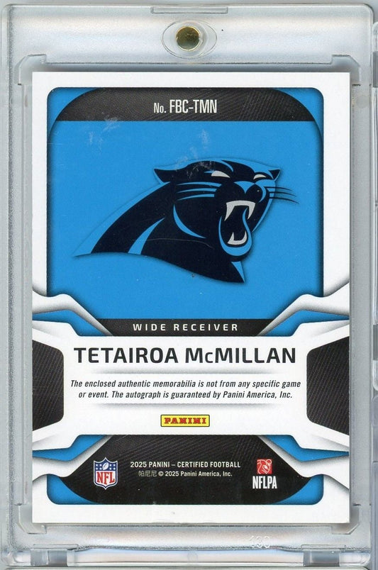 Front of graded trading card displaying Carolina Panthers logo, player name Tetairoa McMillan, and Panini branding on blue background in protective case.