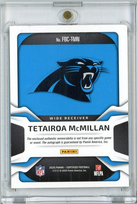 Front of 2025 Panini Certified football card featuring Carolina Panthers logo, Tetairoa McMillan name, and blue design in protective case.