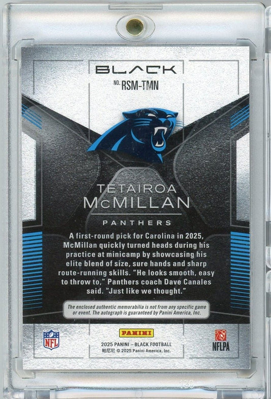 Back of graded 2025 Panini Black football card featuring Tetairoa McMillan Panthers rookie with blue panther logo and printed player description text.