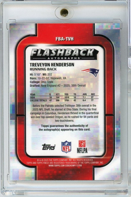 Back of autographed football card showing player statistics, biographical information, and red border with holographic design elements.