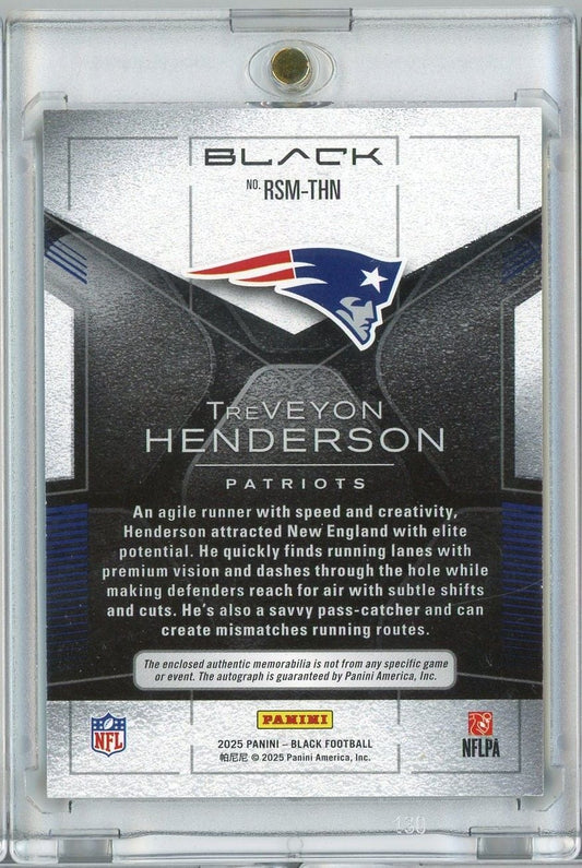 Back of 2025 Panini Black football card featuring Treveyon Henderson Patriots autograph, New England Patriots logo, player description text, and authentication details in protective case.