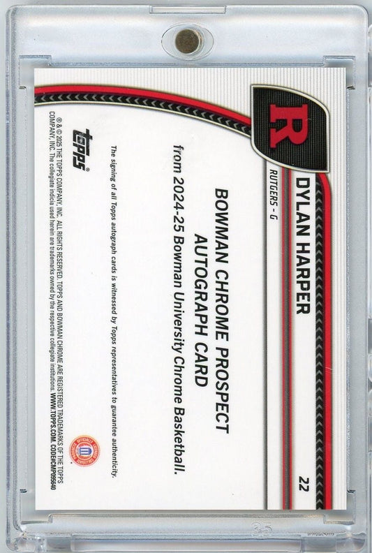 Reverse side of 2024 Topps Bowman Chrome card showing white background with red and black Bowman branding and printed authentication text.