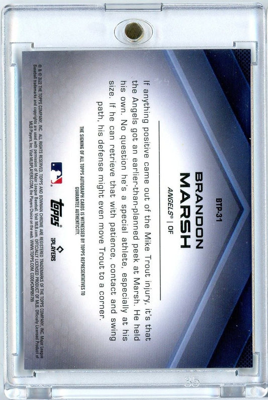 Reverse side of 2022 Topps Bowman Chrome Brandon Marsh baseball card showing white background with blue design elements and printed text.