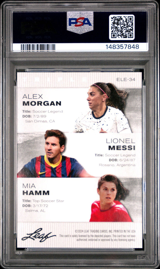 PSA-graded trading card encased in clear plastic holder displaying three soccer players' photos with printed names and biographical information against white background.