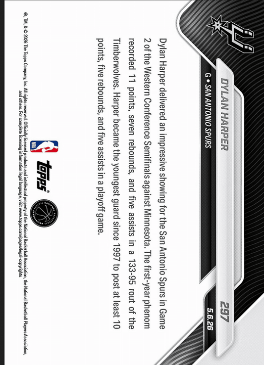 Black and white foil basketball card back showing game details, player statistics, and official NBA/Topps logos on angled display.
