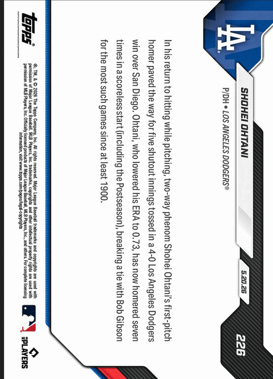 Back of 2026 Topps Now Shohei Ohtani baseball card showing text description, card number 226, and orange foil parallel designation /25.