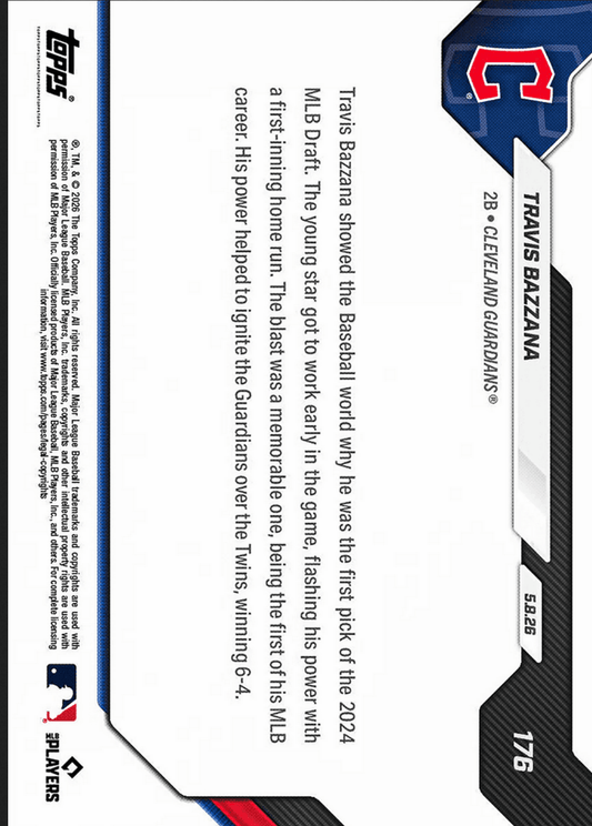 Reverse side of baseball card showing player stats, career highlights text, and MLB/Topps branding on white background with blue and black design elements.