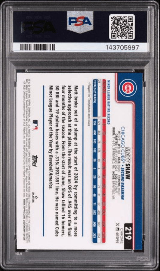 Reverse side of graded baseball card showing player statistics and biography text on white background with Cubs logo and blue/red design elements.