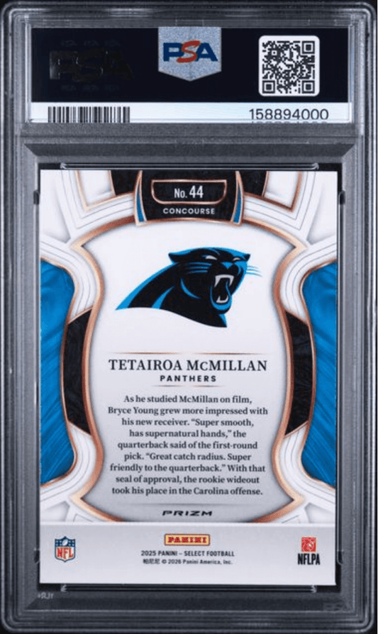 Back of graded PSA 10 football card showing Tetairoa McMillan Panthers rookie card with blue panther logo, player biography text, and Panini Prizm design in protective case.